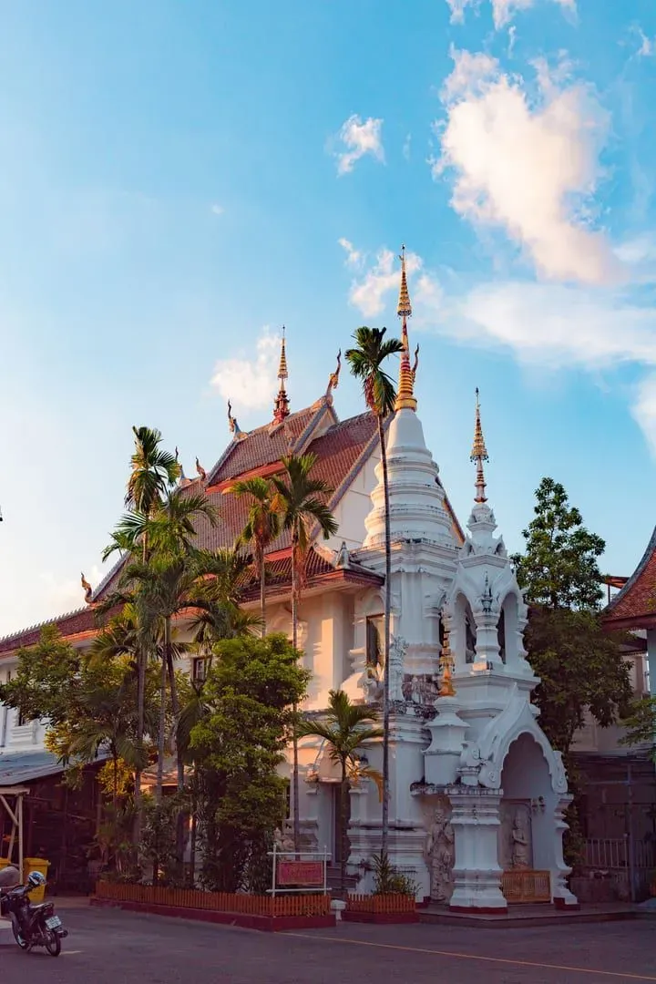 Wat Chiang Man temple among palm trees at sunset in Chiang Mai, Thailand