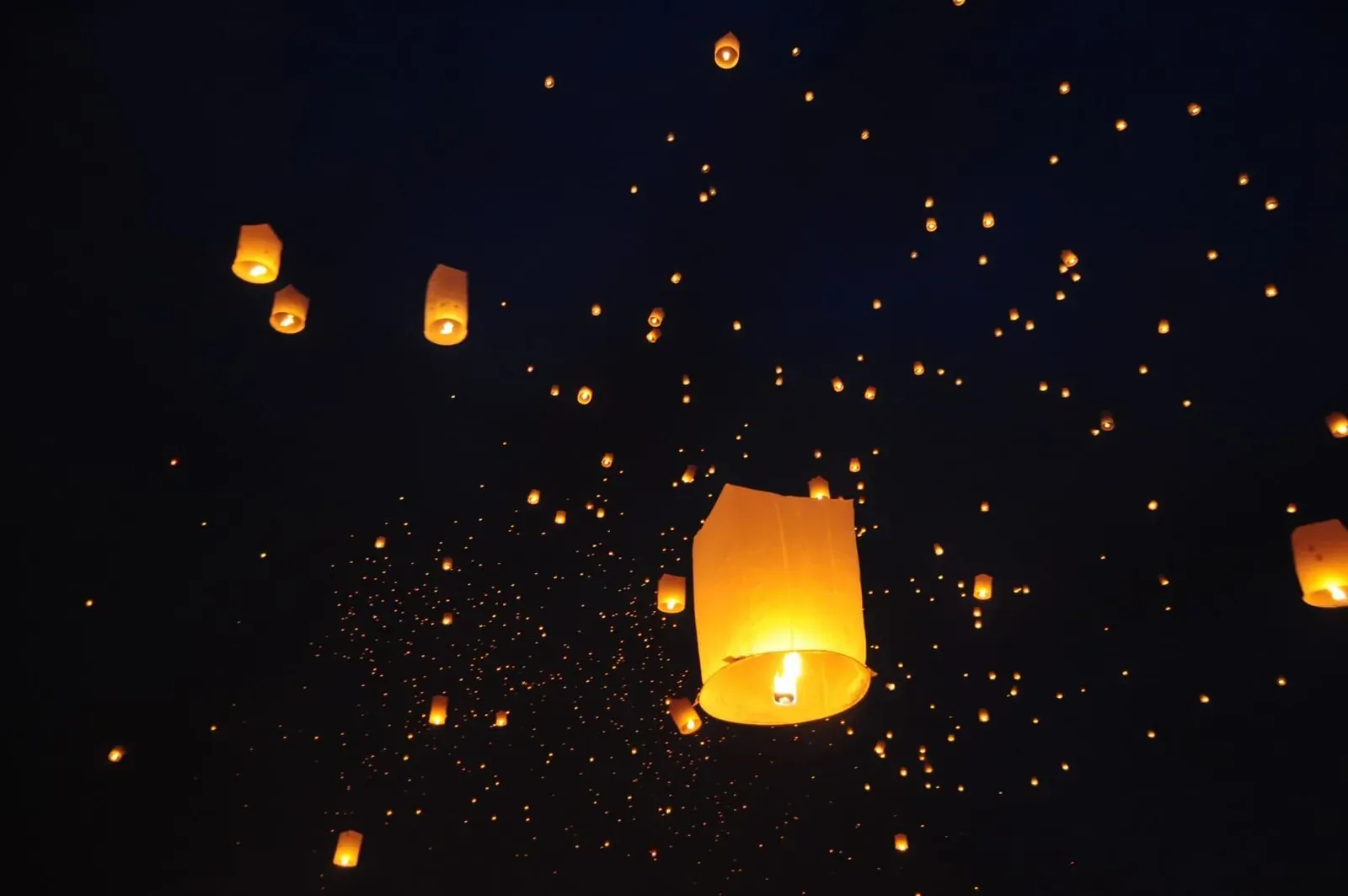 Floating lanterns lighting up the night sky during a traditional celebration, similar to Koh Samui's Chinese shrine festivals