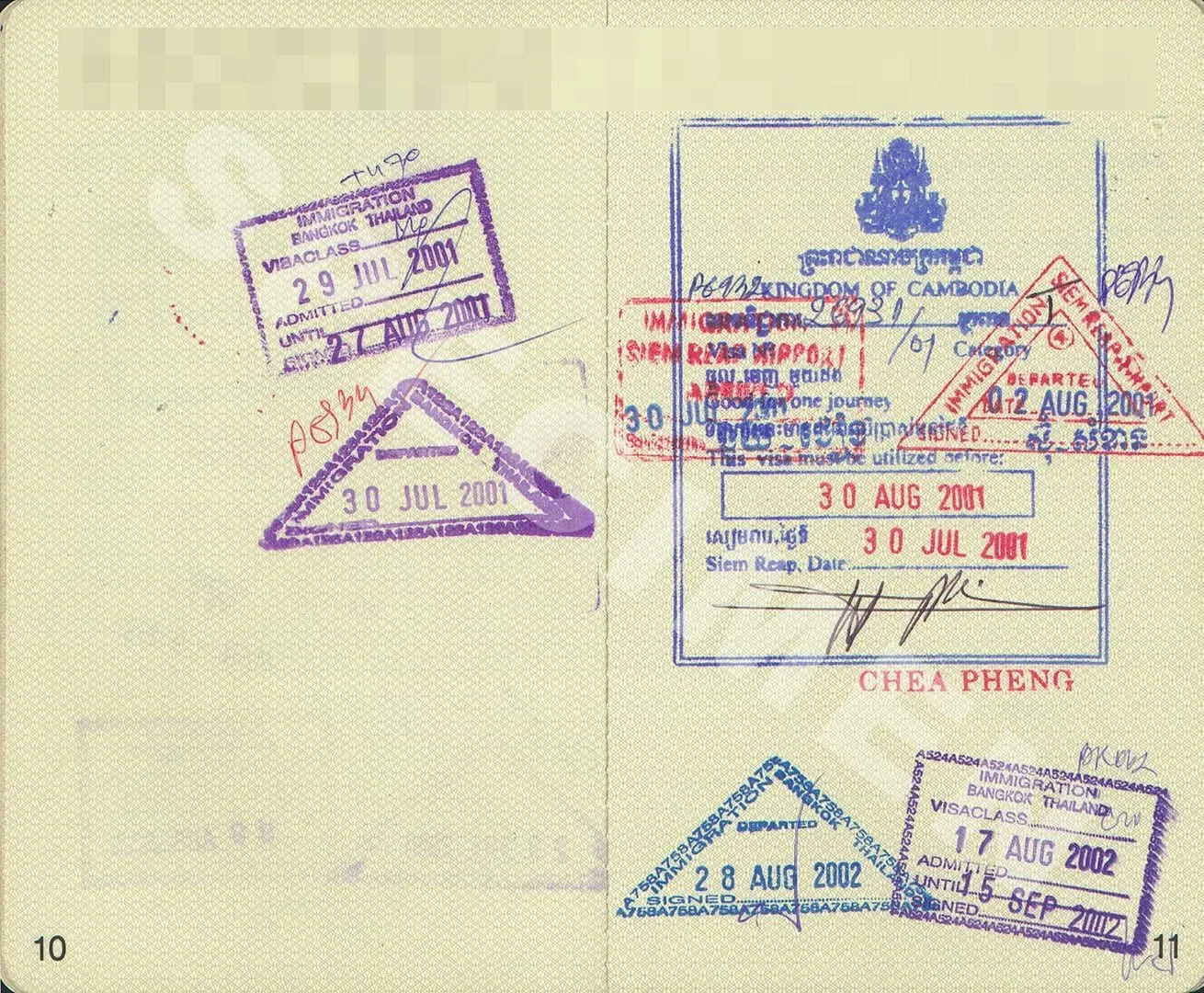 Passport pages showing multiple Thailand visa and immigration entry stamps from past visits