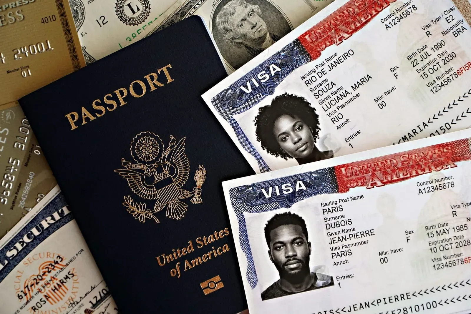 US passport with visa stickers and foreign currency notes symbolizing international travel funds
