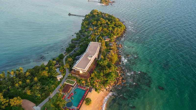 Aerial view of tropical resort coastline near Koh Samui