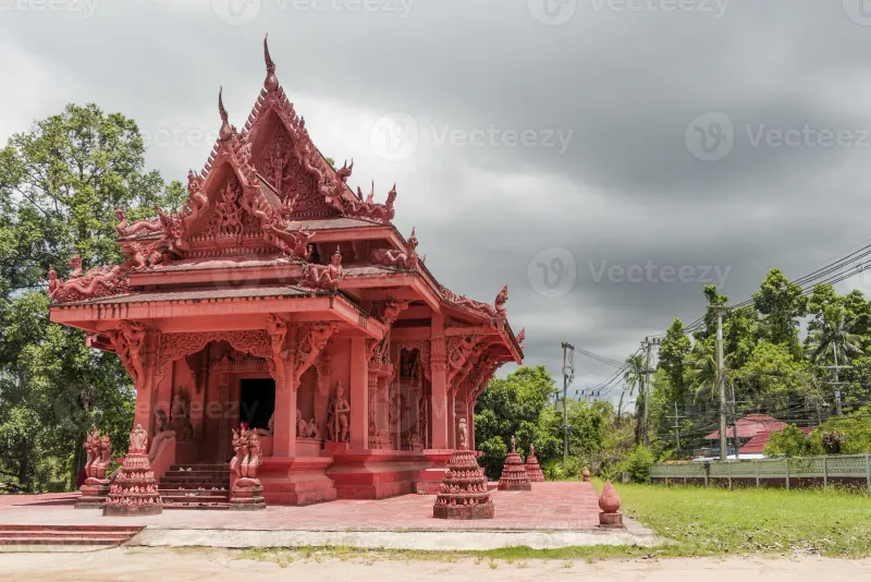 Red sandstone facade of Wat Sila Ngu, Koh Samui