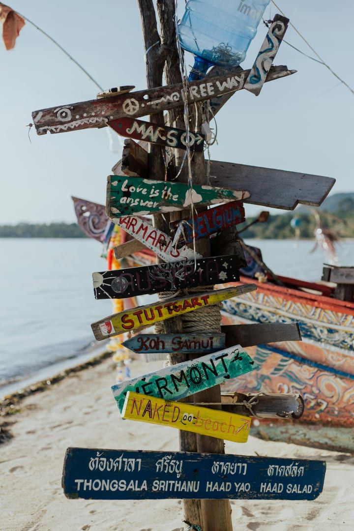 Destination signs on Choeng Mon Beach pointing to Koh Samui attractions