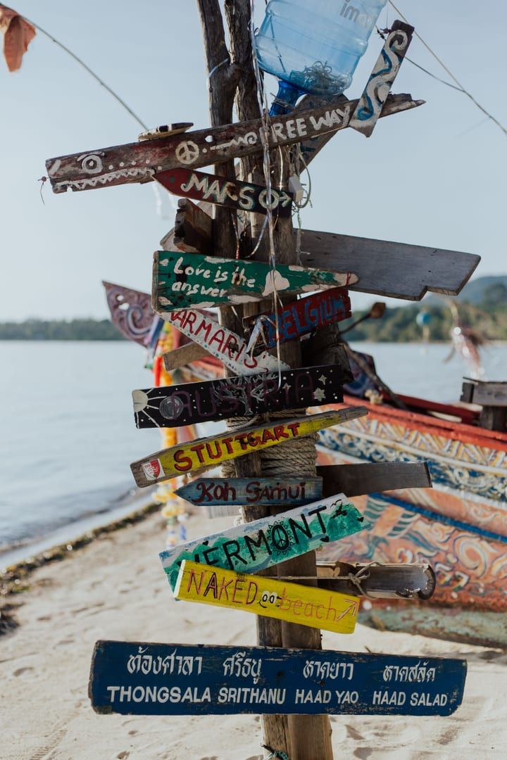 Wooden direction signs on a quiet stretch of beach in south Koh Samui near Laem Sor