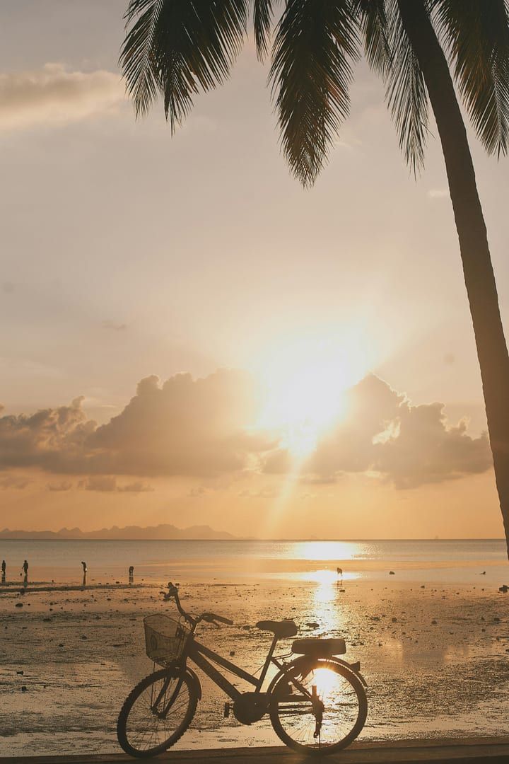 Bicycle silhouette against tropical sunset on Koh Samui west coast