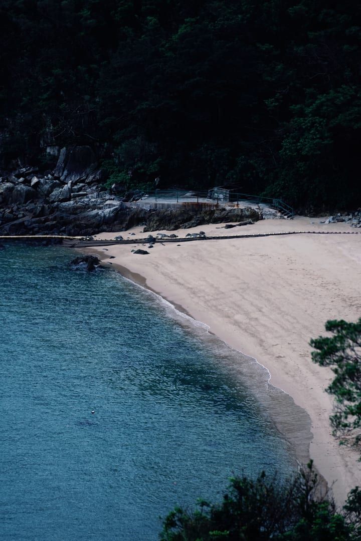 Tranquil secluded beach cove framed by dense green vegetation on Koh Samui