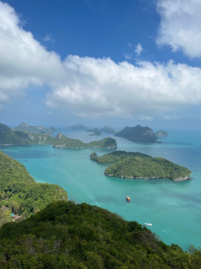 Aerial view of Mu Ko Ang Thong National Park islands and turquoise water near Koh Samui