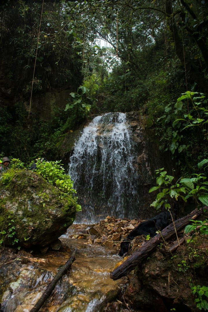 Cascading waterfall in jungle on via ferrata Koh Samui trail