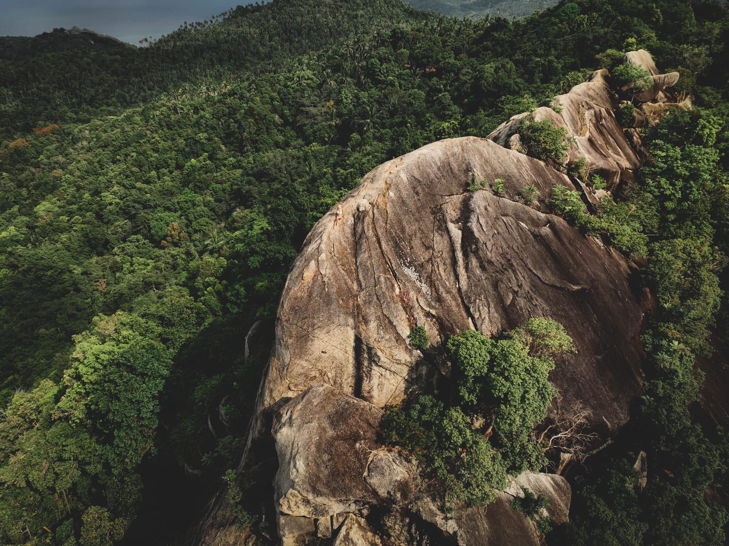 Aerial-style panorama of forested mountains and coastline resembling the Samui 360 viewpoint hike