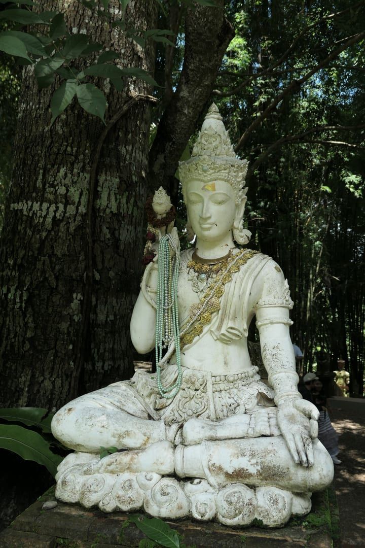 White stone deity statue in dappled jungle shade on the Secret Buddha Garden hike