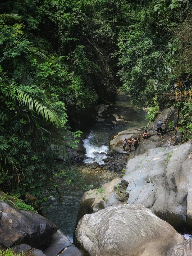 Tartain Waterfall steep jungle trail with ropes Samui