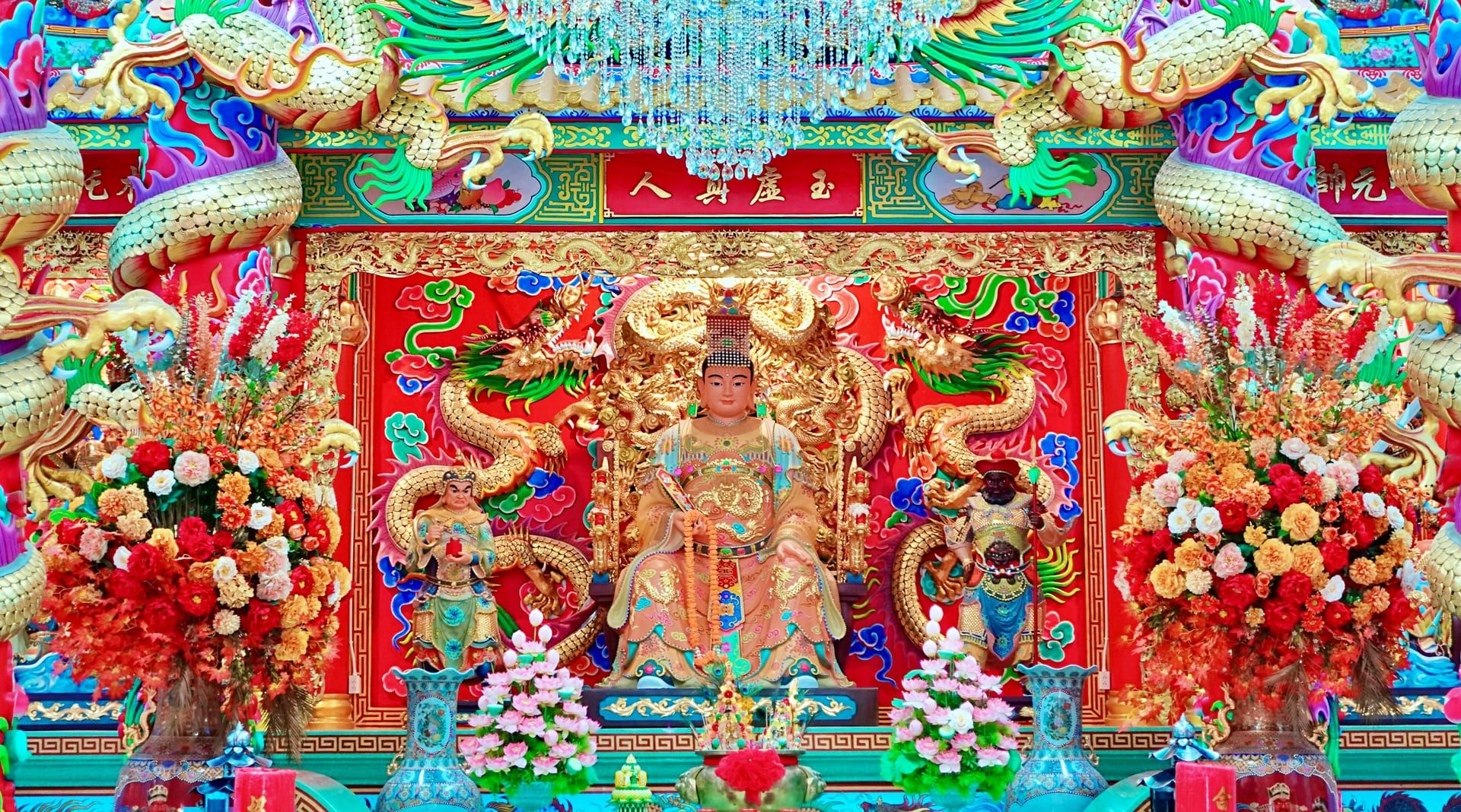 Inside the Chinese Temple of Maenam Samui altar and incense