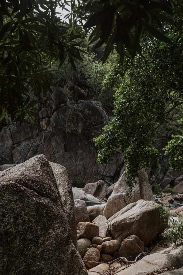 Granite boulders and lush trees along Hin Lad waterfall trail Samui
